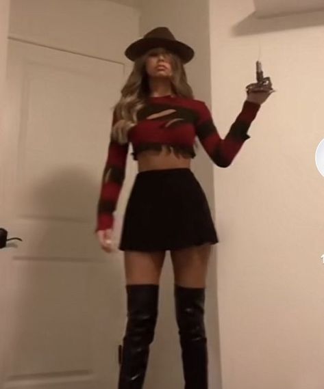 Female Custome Ideas, Halloween Costumes With Black Mini Skirt, Saw Costumes For Women, Freddy Krueger Female Costume, Slasher Costumes Women, Freddy Cougar Costume Women, Halloween Costume Horror Movie, Halloween Costume Black Skirt, Black Mini Skirt Halloween Costume