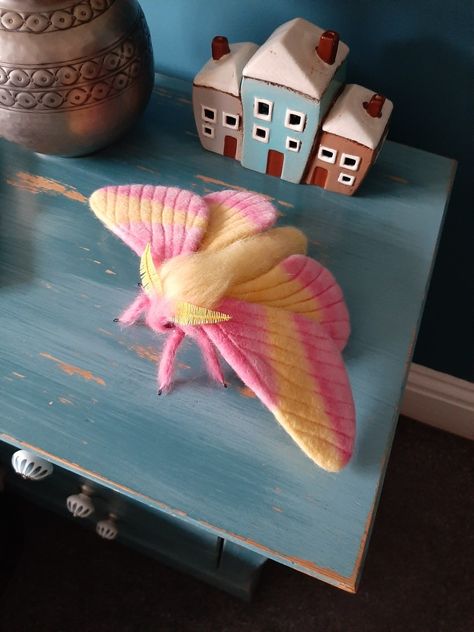 Felted moth sculpture of a fluffy moth in pink and yellow colours Rosie Maple Moth, Needle Felted Moth, Felted Moth, Felt Moth, Moth Outfit, Bug Display, Moth Sculpture, Cottagecore Crafts, Maple Moth