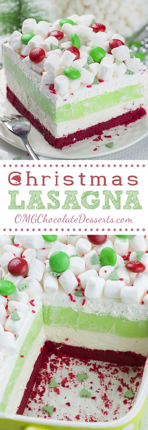 Christmas Lasagna is whimsical layered dessert that will be a hit at your Christmas gathering! Christmas Lasagna, Christmas Cheesecake, Peppermint Cheesecake, Layered Dessert, Oreo Dessert, S'mores, Christmas Gathering, Monkey Bread, Oreo Cheesecake