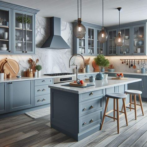 Blue Grey Walls Kitchen, Blue Kitchen Cabinets Gray Floors, Kitchen Cabinet Color Ideas Blue Gray, Grey Blue Kitchen Ideas, Blue Kitchen Grey Floor, Dusky Blue Kitchen, Grey Blue Cabinets Kitchen, Dusty Blue Kitchen Cabinets, Grey Blue Kitchen Cabinets