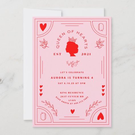 Queen of Hearts Birthday Invitation | Zazzle Light Pink Color Palette, Queen Of Hearts Birthday, Valentines Invitations, Heart Themed Birthday, First Bday Theme, Queen Of Hearts Party, Alice In Wonderland Themed Birthday, Pink Birthday Invitations, Harry Potter Invitations