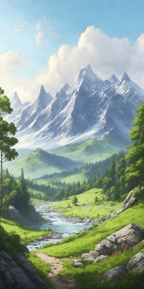 Picture a big mountain area with a curvy path going through it. The path leads you around rocks and up and down small hills. Sunlight makes shadows on the path and mountains. Big Landscape Paintings, Fantasy Mountain Art, Fantasy Mountains, Hills Illustration, Forest Mountain Landscape, Sunlight Painting, Hills Wallpaper, Mountain Path, Painting Sunrise