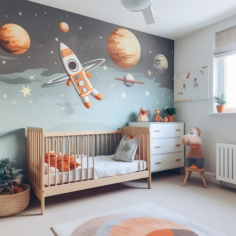 Space themed nursery Space Inspired Nursery, Nursery Room Space Theme, Space Themed Bedroom Boys, Space Nursery Wall, Space Theme Nursery, Planet Nursery, Space Kids Room, Space Themed Bedroom, Space Themed Room