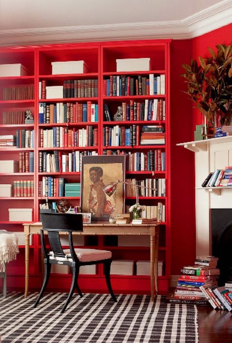 Designers 12 Favorite Shades of Red Paint {and a gift!} - laurel home Red Bookcase, Red Bookshelf, Furniture Australia, Red Shelves, Lots Of Books, Real Estat, Red Rooms, Home Libraries, Red Interiors