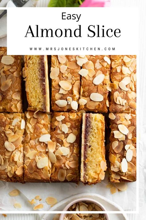 This easy almond slice recipe features a crispy pastry base, raspberry jam layer, topped with a light almond sponge. Perfect for afternoon tea, bake sales and picnics! Almond Slice, Almond Frangipane, Slice Recipe, Strawberry Almond, Bakewell Tart, Sweet Bar, Almond Flour Recipes, Slices Recipes, Wellness Recipes