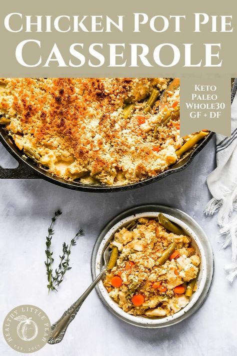 This creamy and delectable Chicken Pot Pie Casserole is the perfect family dinner that will warm your soul. This is southern healthy comfort food at its best! Whole30, Keto, Paleo, Dairy-Free and Gluten Free. Gluten Free Chicken Pot Pie, Paleo Chicken Pot Pie, Paleo Casserole, Healthy Chicken Pot Pie, Casserole Keto, Pot Pie Casserole, Chicken Pot Pie Casserole, Whole30 Keto, Can Green Beans