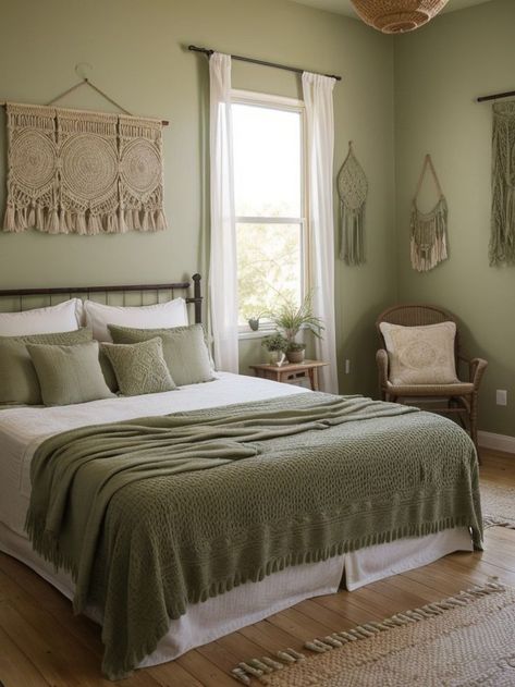 Olive Room Ideas, Bohemian Themed Bedroom, Bedroom Olive Green Walls, Olive Green Guest Bedroom, Olive Green And White Bedroom, Olive Walls Bedroom, Olive Green Room Decor, Olive Green Wall Paint, Olive Green Room Ideas Bedrooms