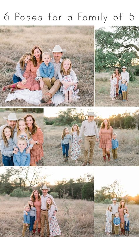 Family Of 5 Pose Ideas, Family 6 Photo Ideas, Fall Family Pictures Poses For 6, Picture Poses Family For 5, Family Photo Poses With 5 People, Photography Poses For Families, Family Of 5 Spring Picture Ideas, Family Picture Summer, Mini Session Photography Ideas