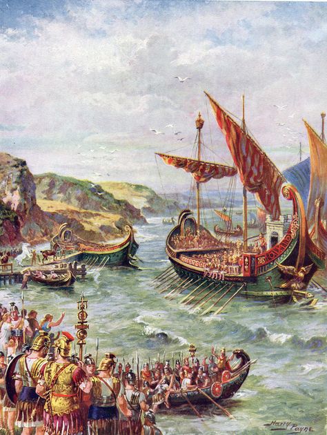 The Roman fleet landing on the coast of Britain for the Emperor Claudius’ invasion of Britain. Picture by Harry Payne The Last Legion, For The Emperor, Roman Britain, The Romans, Roman Emperor, Roman History, Giclee Painting, The Emperor, Saint Patrick