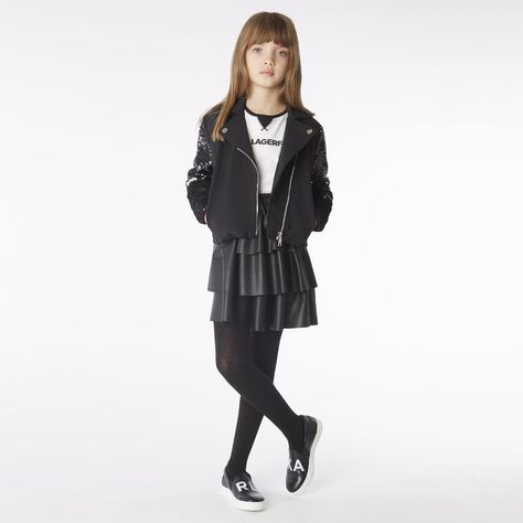 KARL LAGERFELD Kids - Girls Black Faux Leather Skirt | Childrensalon Black Faux Leather Skirt, Karl Lagerfeld Kids, Celebrity Fashion Trends, Faux Leather Coat, Sequin Sleeve, Skirts For Kids, Black Pantyhose, Sequin Jacket, Dubai Fashion