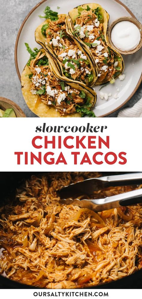 Have it your way with slow cooker chicken tinga - a smokey, chipotle forward Mexican shredded chicken recipe, stuffed into tacos or bowls. The crockpot does all the heavy lifting to create tender, shredded chicken infused with flavor from the very first step. Stuff into tortillas on Taco Tuesday for chicken tinga tacos, or layer with cauliflower rice and lettuce for a healthy taco bowl. Whole30, keto, and super clean! #chicken #crockpot #slowcooker #tacos #healthyrecipes #keto #whole30 Chipotle Shredded Chicken, Slow Cooker Chicken Tinga, Tender Shredded Chicken, Chicken Tinga Tacos, Tinga Recipe, Shredded Chicken Recipe, Tinga Tacos, Chicken Tinga Recipe, Pulled Chicken Tacos