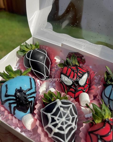 Brought back the Spider-Man themed strawberries ! 🕷️🕸️💙 #Spiderman #strawberries #chocolatecoveredstrawberries #Fourthofjuly #Smallbusiness Spider Man Themed Quince, Spiderman Strawberries, Batman Food, National Bf Day, Birthday Spiderman, Mens Birthday, Quince Ideas, Chocolate Covered Strawberries, Quince