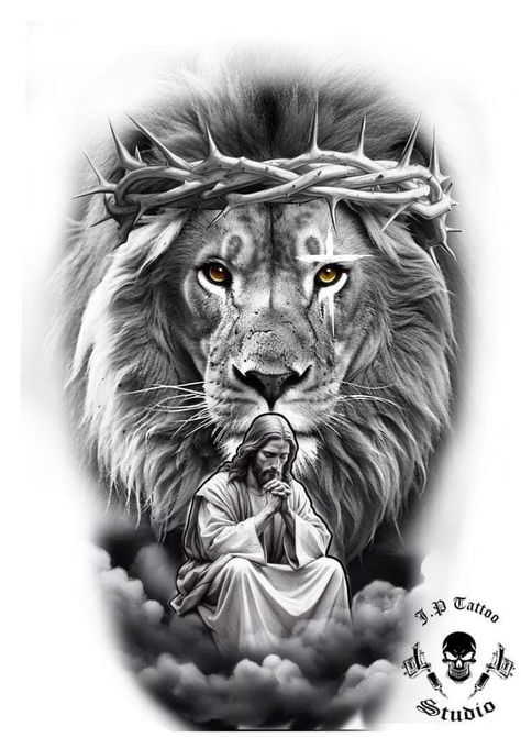 Lion Jesus Tattoo, Lion And Lioness Tattoo, Lion Shoulder Tattoo, Hair Tattoo Designs, Jesus Tattoo Design, Arm Tattoos Drawing, Bible Tattoos, Animal Sleeve Tattoo, Lioness Tattoo