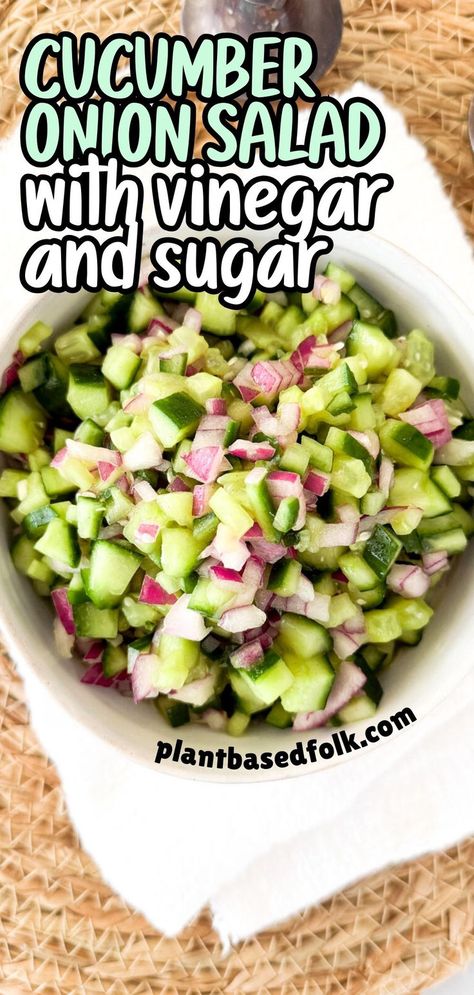 a bowl of Cucumber and onion salad with vinegar and sugar dressing Cucumber And Onion Salad Vinegar Sugar, Easy Vegan Salad, Cucumber And Onion Salad, Cucumber And Onion, Cucumber Salad Vinegar, Cucumber Onion Salad, Cucumber Onion, Salad Chicken, Cucumbers And Onions