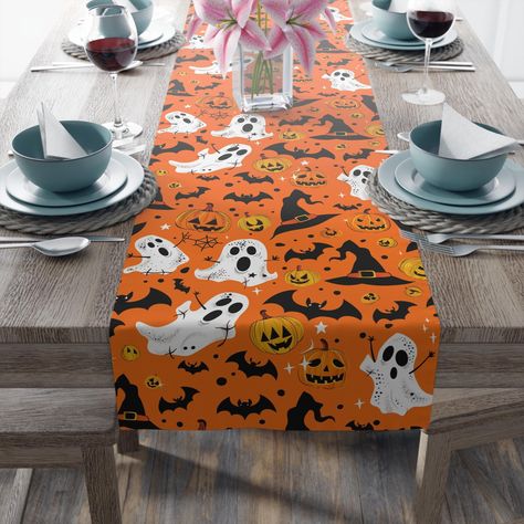 Halloween Table Runner (Cotton, Poly) Trick or TreatTable Runner Spooky Ghosts Table Runner Halloween Table Runner Halloween Christmas Gift by InspiBLAMDesigns on Etsy Table Runner Halloween, Halloween Table Runner, Table Halloween, Halloween Table Runners, Dtf Print, Halloween Table, Vivid Color, Linen Table Runner, Wedding Shop