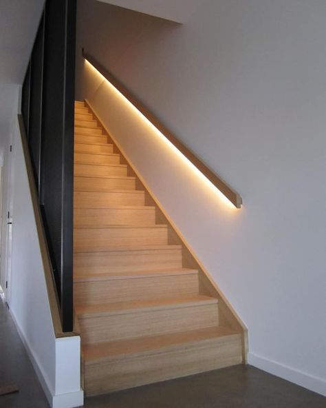 Thirteen Building Group on Instagram: “He's rather handy.. Our director and builder (Simon) made this illuminated LED hand rail, creating a moody feature to this timber…” Handrail With Lighting, Modern Hand Rail Design, Hand Rail Lighting, Handrail With Light, Hand Rail Stairs, Illuminated Staircase, Hand Rails For Stairs Modern, Led Handrail, Amazing Basements