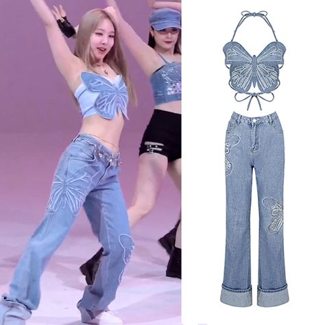 Fashion Kpop Outfit Denim Butterfly Tops Pants Sexy Jazz Performance Costume Women Korean Singer The Idol Outfits, Denim Top Outfit, Butterfly Tops, Jazz Performance, 70’s Outfit, Denim Butterfly, Engagement Photo Outfits Fall, Stage Clothes, Outfit Denim