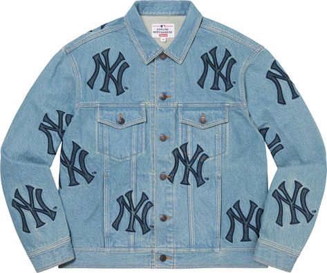 Supreme Supreme®/New York Yankees™ Denim Trucker Jacket Kanye West Jacket, Supreme New York, Guys Fashion Casual, Jean Jacket Men, Gore Tex Jacket, Denim Trucker Jacket, Letterman Jacket, Work Jackets, Style Streetwear