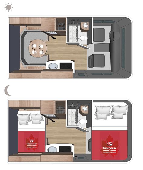 C-Small Floor plan (day and night) Van Conversion Floor, Traveling Goals, Mini Motorhome, Small Motorhomes, Camper Flooring, Rv Floor Plans, Homemade Camper, Motorhome Interior, Kombi Motorhome