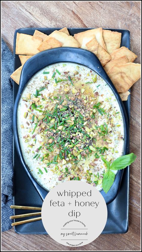 This whipped feta and honey dip is the perfect appetizer to bring to your next gathering! Trust me when I say, you are going to want to make this as soon as possible! It is rich with flavors combining honey, two cheese blends, pistachio nuts, garlic, and chives. I like to serve this with crackers ... Read More about whipped feta and honey dip Feta And Honey, Feta Honey, Honey Dip, Pistachios Nuts, Whipped Feta, Sourdough Bread Recipe, Pita Chips, Perfect Appetizers, Mediterranean Recipes