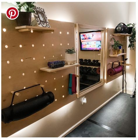 Peg Board Basement Wall, Diy Giant Pegboard, Giant Pegboard Wall, Modern Pegboard, Remodeled Basement, Giant Pegboard, Home Office And Gym, Chill Space, Industrial Basement