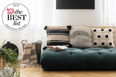 The 8 Best Futons of 2019 | Apartment Therapy Futon In Playroom, Office Futon Ideas, Dorm Futon Ideas, Futon Guest Room, Office Futon, Guest Rooms Ideas, Guest Room Futon, Futon Ideas, Motorhome Life