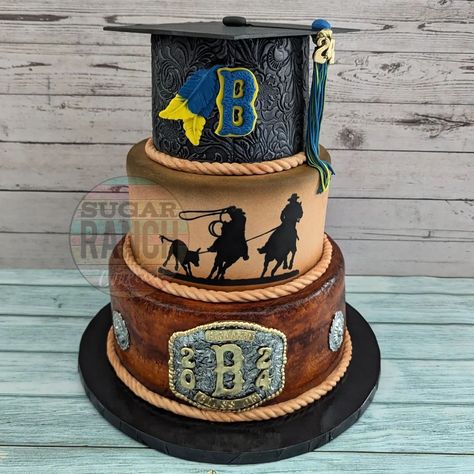 An End-of-Summer Grad Party for this Cowboy! Congratulations 🩵💛🖤 #sugarranch #cake #cakedecorating #gradcake #western #cowboy #teamroping #rodeo #tooledleather #goldbuckle #arizona Ranch Cookies, 2025 Graduation, Team Roping, Graduation Cake, August 17, Graduation Ideas, Cookie Cake, Grad Parties, End Of Summer