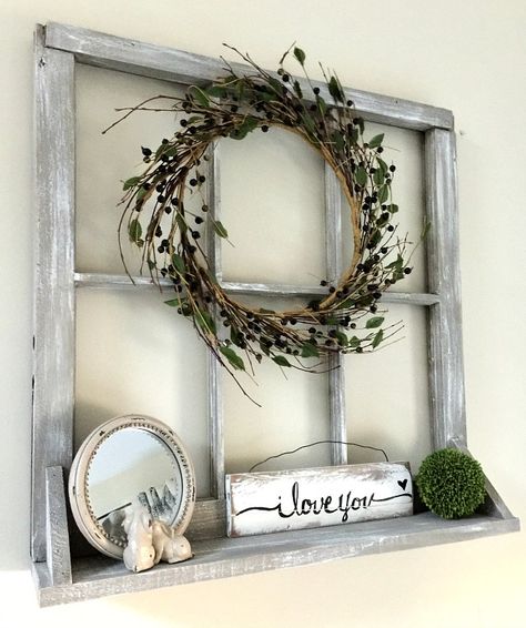 Beautiful chippy window with a DIY shelf added to the bottom. Beautiful patina! Homeroad.net  #window #windows #shelving #rustic #farmhousestyle #repurposedwindow #patina #repurposed Old Window Crafts, Old Window Decor, Window Frame Decor, Old Window Projects, Old Window Frames, Primitive Bedroom, Window Crafts, Old Window Frame, Window Shelves