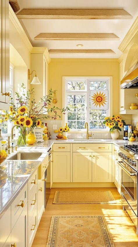 Sun-kissed coastal kitchen designs feature large windows or skylights and warm tones, creating a sunny, cheerful ambiance. Reflective surfaces and sandy hues make the kitchen feel like a bright beachside retreat. If you love a light-filled kitchen, this style is for you. Click to explore more sun-kissed coastal kitchen designs. Cozy Yellow Kitchen, Sunny Yellow Kitchen, Sunny Kitchen Aesthetic, Kitchen Ideas 2025, Warm Kitchen Aesthetic, Light Kitchen Ideas, Beach House Interior Ideas, Eclectic Basement, Temporary House