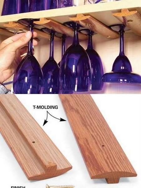 Repurpose T-Molding to slide hang wine glasses: to create more space when not enough in cabinets Homemade Bar, Wine Glass Rack, Bar Cart Decor, Glass Rack, Wine Glass Holder, Diy Bar, Diy Wine, Glass Holders, Craft Storage