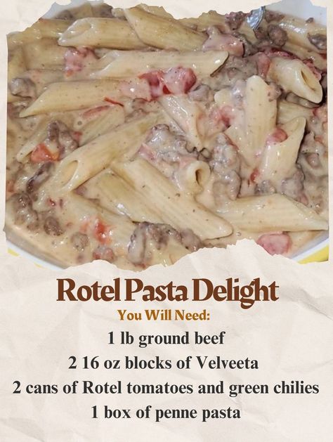 Rotel Pasta Delight, Rotel Pasta Ground Beef, Rotel Pasta Recipes, Saturday Meals, Rotel Pasta, Velveeta Rotel, Moms Food, Rotel Recipes, Summer Lunches