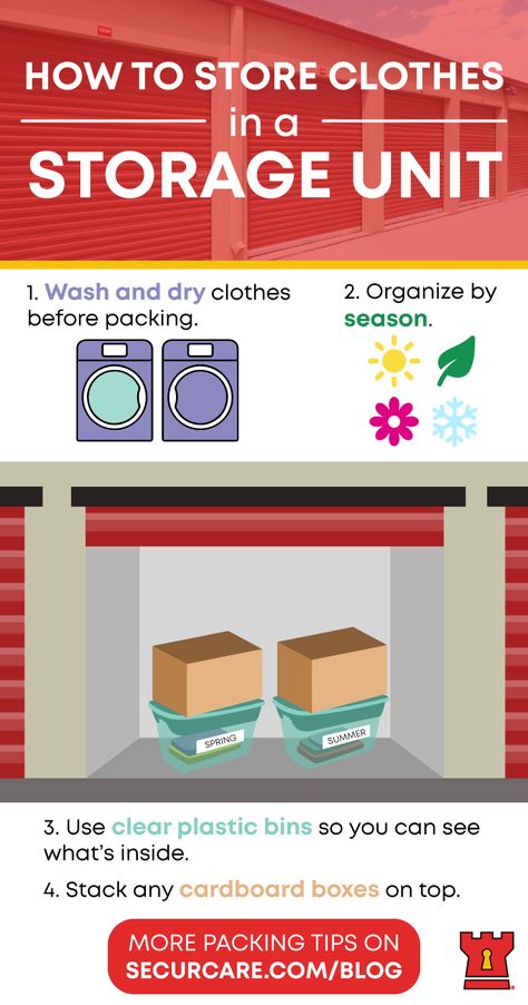 This packing #infographic shows you how to prep and pack your clothes for your storage unit. #packing #storage #packingtips #clothesorganization Packing Storage Unit Tips, How To Store Clothes In Bins, Storage Unit Organization Ideas, Moving Ideas, Moving House Tips, Moving Hacks, Moving Hacks Packing, Storage Unit Organization, Self Storage Units