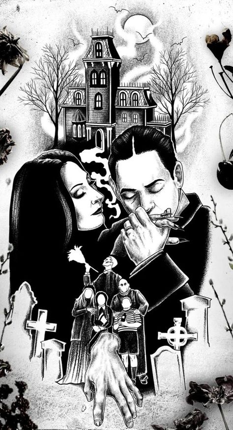 Addams Family Tattoo, Morticia And Gomez Addams, Gomez And Morticia, Mom Tattoo Designs, Halloween Wallpaper Cute, Amoled Wallpapers, Gothic Tattoo, Horror Movie Art, Goth Art