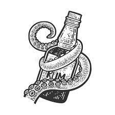 Kraken Tentacles Tattoo, Kraken Rum Tattoo, Kraken Outline, Pirate Rum Tattoo, Rum Bottle Tattoo, Octopus Illustration Graphic Design, Ocean Flash Tattoo, Rum Drawing, Pirate Octopus Tattoo