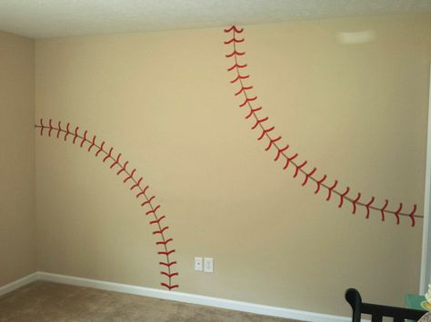 DIY Baseball Wall Idea for a little boys room! Paint idea Boys Baseball Room, Baseball Room Ideas, Sports Room Ideas, Baseball Themed Bedroom, Softball Room, Sports Themed Bedroom, Sports Room Boys, Boy Room Paint, Baseball Bedroom