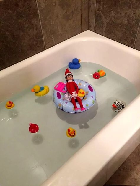 50 Creative Elf on the Shelf Hiding Ideas | ApartmentGuide.com Elf On Shelf Bathtub, Elf Bathtub, Elf On The Shelf Bathtub Ideas, Elf On Shelf Last Day, Elf On The Shelf Bathtub, Elf On The Shelf Sink Ideas, Silly Elf On The Shelf Ideas Funny, Last Day Elf On The Shelf Ideas, Cute Elf On The Shelf Ideas