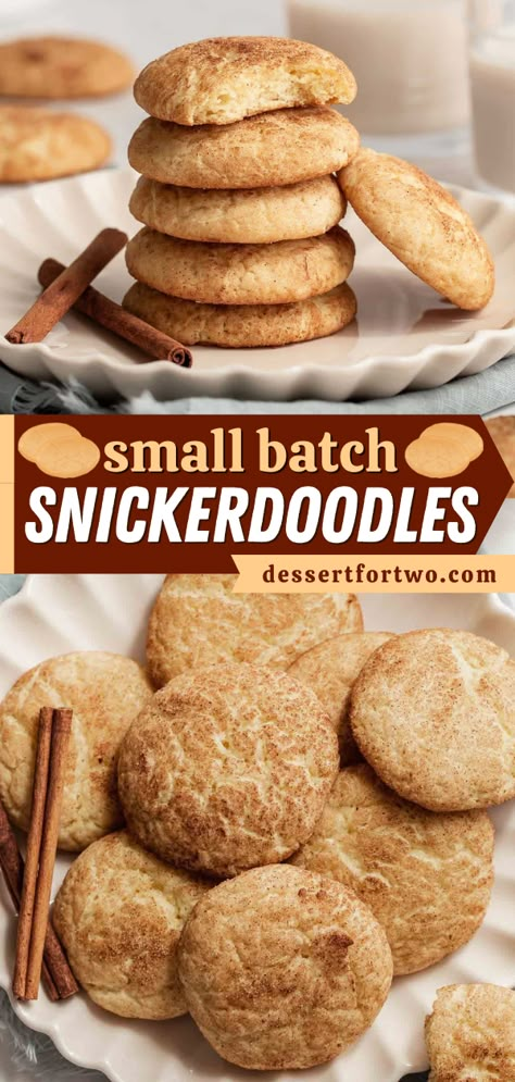 Love small batch baking? Try this small batch of snickerdoodles! This easy dessert recipe is ready in just 20 minutes. Soft and chewy with the best aroma, these snickerdoodle cookies are a simple sweet treat you don't want to miss! Snickerdoodle Cookies Small Batch, Small Baked Goods, Single Deserts, Small Batch Snickerdoodles, Small Batch Recipes Desserts, Easy Desserts Small Batch, Small Cookie Recipe, Small Batch Vegan Desserts, Small Baking Recipes