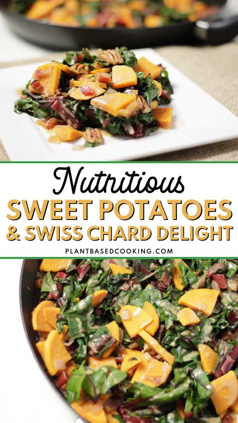 Enjoy a warming dish, perfect for all seasons, with our Sweet Potatoes and Swiss Chard recipe. This comforting combo offers sautéed sweet potatoes and Swiss chard dressed in a kicky Dijon mustard, red wine vinegar, and sweet maple syrup mixture. The added crunch of toasted pecans at the top makes it a satisfying and healthy choice for your next meal. Experience the perfect blend of nutrition and comfort in a dish! Red Chard Recipes Healthy, Vegan Swiss Chard Recipes, Red Swiss Chard Recipes, Sauteed Swiss Chard Recipes, Cooking Swiss Chard, Chard Recipes Healthy, Cooked Greens, Swiss Chard Recipe, Swiss Chard Recipes Easy