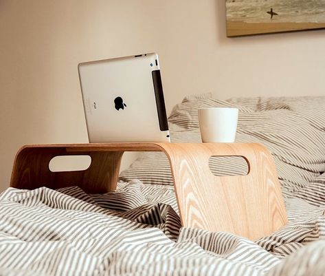 Do you love lazy Saturday mornings with a breakfast in bed? This large bed stand from Trimborn will securely accommodate your iPad, a cup of cappuccino, and a croissant. The stands is hand-crafted from lacquered oak veneer, and is equipped with a cradle for iPad (and any other tablet that’s up to 10 mm thick). #iPad #iPadPro Ipad Bed Stand, Table For Bed, Zen Furniture, Wooden Ipad Stand, Laptop Stand Bed, Laptop Desk For Bed, Bed Stand, Ipad Holder, Large Beds