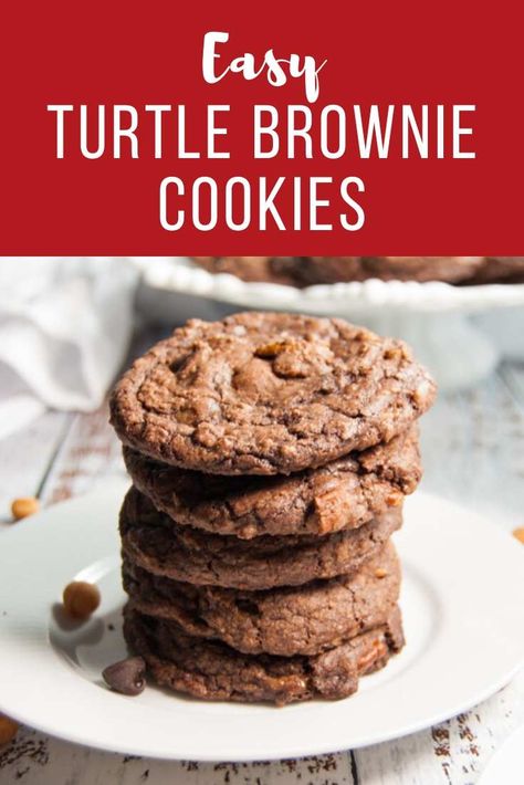 Rich chocolatey turtle brownie cookies are studded with caramel bits and crunchy pecans. All of the flavor of traditional turtles with a 1/4 of the work! Brownie Cookies From Mix Boxes Recipe, Brownies Cookies Recipes, Brownie Cookies From Mix Boxes, Turtle Brownie, Chewy Fudge, Brownie Mix Cookies, Cake Box Cookies, Cookie Brownie Recipe, Brownies Cookies