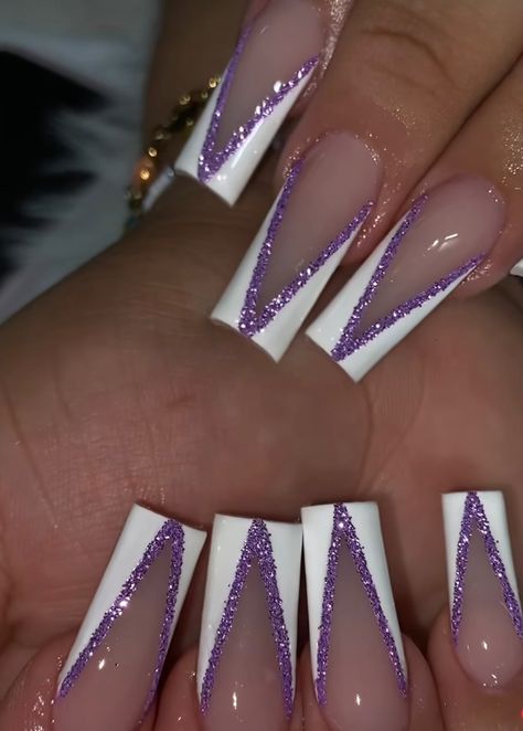 Inspiringhomesbyminna White Acrylic Nails With Purple Design, White French Tips With Purple Design, Purple Basic Nails, White Nails With Purple Glitter, Purple White And Silver Nails, Purple French Tip Nails Acrylic Square, Purple And White French Tip Nails, White And Purple Nail Designs, Acrylic Nails Designs Coffin