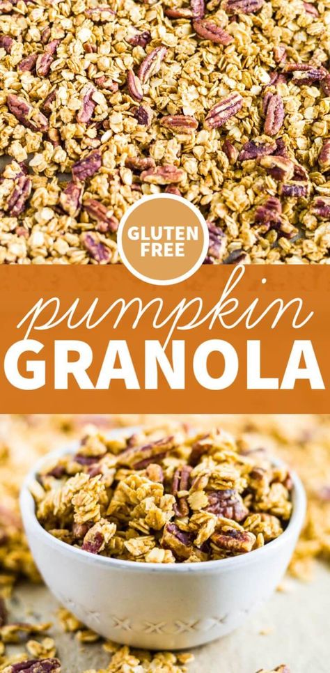 This healthy pumpkin spice granola is sweet, crunchy, and nutty, exploding with fall flavors! It's a gluten free and vegan granola recipe with lots of fall spices. It's great to top smoothies, eat as a snack or enjoy with milk. #pumpkin #granola #glutenfree #dairyfree #spice #pecan Pumpkin Spice Granola, Pumpkin Granola, Paleo Granola, Vegan Granola, Healthy Breakfast Recipe, Gluten Free Granola, Grain Free Granola, Granola Recipe, Fall Flavors