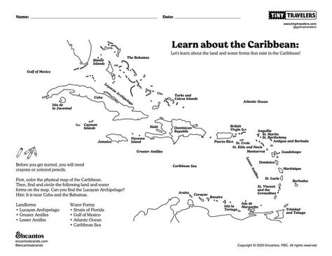 Today, you will color a map of the Caribbean islands and find some land and water forms in the region. Then, you can color some of our favorite animals of the Caribbean! Before you get started, you will need crayons or colored pencils to color the map. Scroll down and click “download PDF” to download the free worksheet. Homeschooling 2nd Grade, Caribbean Islands Map, Map Worksheets, History Worksheets, Map Outline, Map Projects, Maps For Kids, Social Studies Worksheets, Colonial America