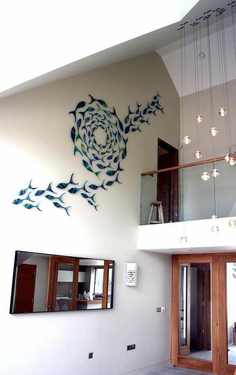 Ceramic Wall Installation, Double Height Hallway, Fish Installation, Fish Decorations, Staircase Wall Decor, Handmade Ceramic Planters, Art Designs Ideas, Fish Wall Decor, Glass Fusing Projects