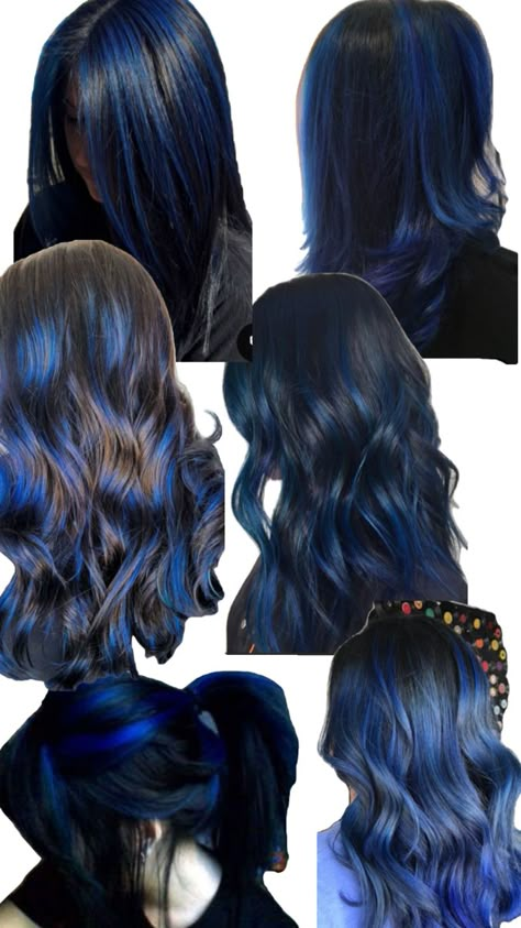 Black Hair With Midnight Blue Highlights, Black Hair Blue Tips, Blue Underdye Hair, Underdye Hair Curly, Underdye Hair, Skunk Hair, Color Streaks, Dark Blue Hair, Brown Curly Hair