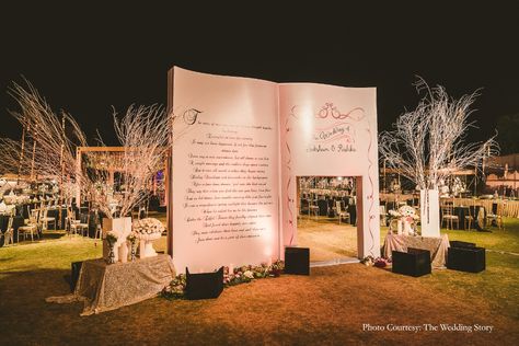 Beauty And The Beast Entrance Decor, Fairmont Jaipur Wedding, Book Theme Wedding Decorations, Fairmont Jaipur, Book Backdrop, Jaipur Wedding, Reception Stage Decor, Wedding Entrance Decor, Wedding Planning Decor