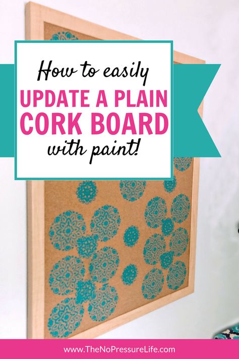 This DIY stenciled cork board is an easy home decor craft that will look great and keep you organized! Learn how to make a painted cork board with this simple step-by-step tutorial, and you'll have a pretty way to get organized in 30 minutes or less. #craftideas #diydecor #corkboard #stencil #memoboard #paintprojects Painting A Cork Board, Cork Board Makeover, Painting Corkboard, Painted Cork Board, Diy Cork Board, Easy Crafts For Teens, Home Decor Craft, Cork Diy, Puffy Paint