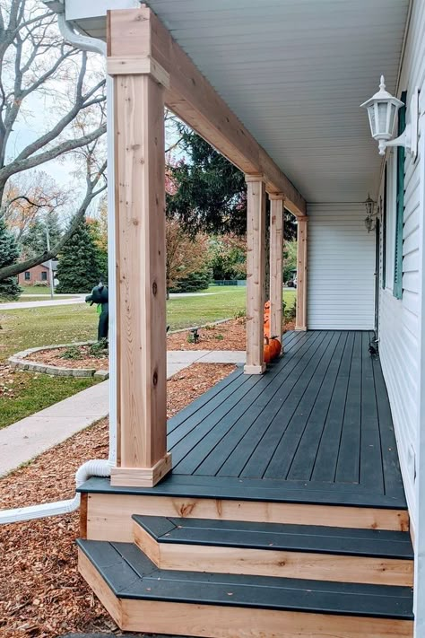 Beam Porch Ideas, Front Porch Update Before And After, Wood Porches And Decks, Front Porch With Steps All Around, Wood Front Porch Design, Porch With Steps All Around, Cedar Wood Posts Front Porch, Small Front Porches Designs Farmhouse, One Step Deck Ideas