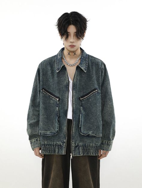 WN3009 ■size(cm)      Length   Shoulder width   Chest   Sleeve length     M   69   47   122   60     L   71   49   126   61     XL   73   51   130   62       ■model 173cm 55kg L ■material cotton 90% polyester 10% Oversize Jacket, Solid Color Outfits, Denim Patterns, Acid Wash Denim, Japanese Street Fashion, Oversized Jacket, Urban Wear, Fashion Mode, Mens Outerwear