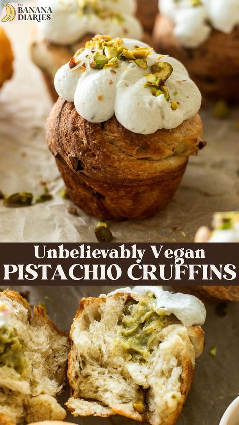 These flaky and "buttery" pistachio cruffins use a homemade simple rough puff pastry that's entirely dairy free with chopped pistachios and filled to the brim with an easy vegan pistachio pastry cream. It's like a pistachio croissant in muffin form! Vegan Cruffin Recipe, Vegan Puff Pastry Recipes, Vegan Croissant Recipe, Cruffins Recipe, Pistachio Pastry, Pistachio Croissant, Cruffin Recipe, Vegan Pistachio, Banana Diaries